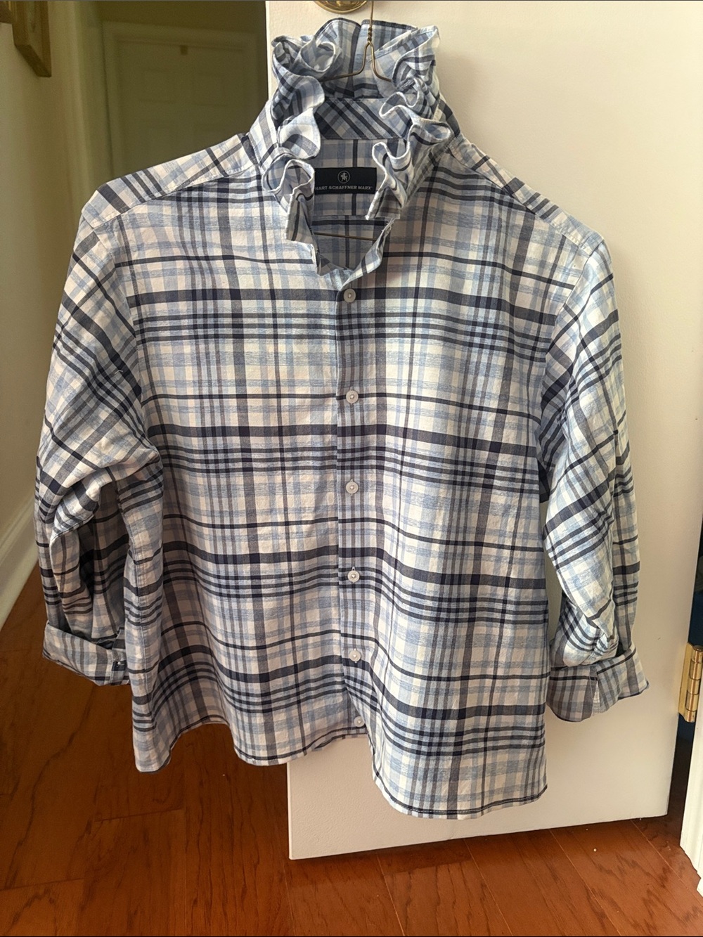 Up-cycled button down Ruffle Collar shirt - linen blend - wear it to the beach!